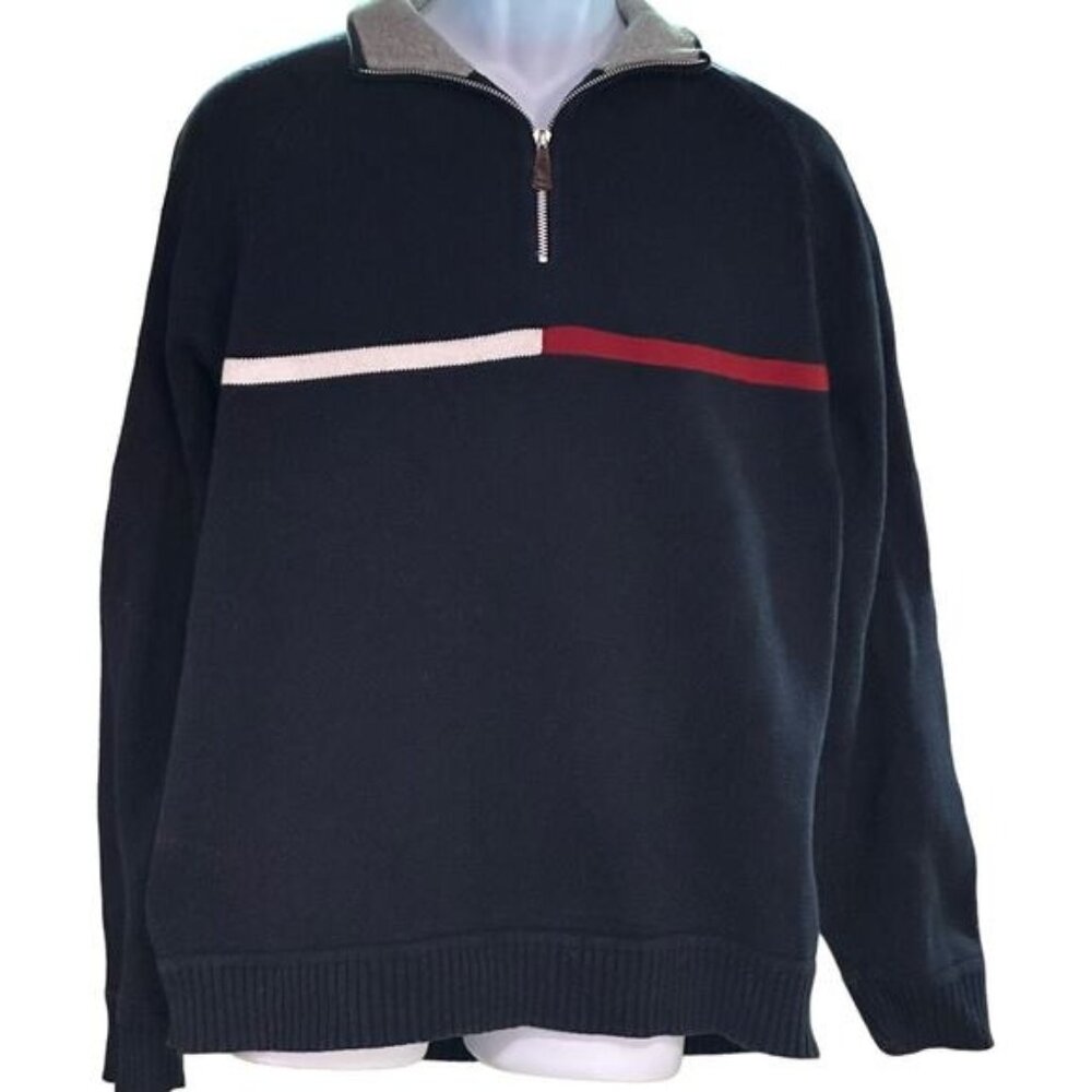 Tommy Hilfiger Mens Half-Zip Sweater L Cotton Navy With Red & White Stripe